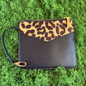 DUNE LONDON Calf Hair Leopard Print Black Leather Wristlet Clutch w Bag Clip